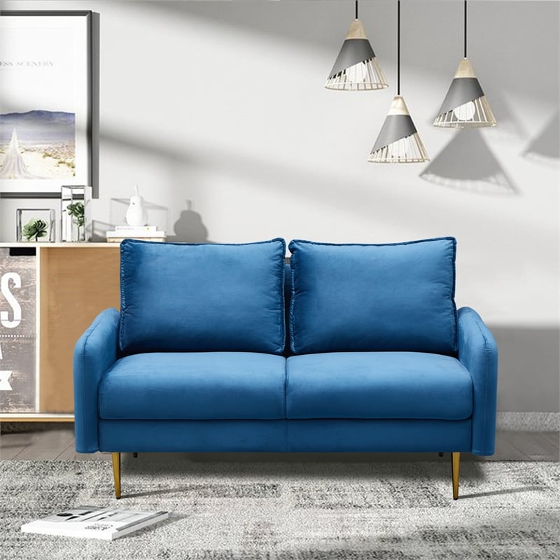 Hybition Velvet Loveseat Modern Sofa with Metal Legs for Living Room-Blue