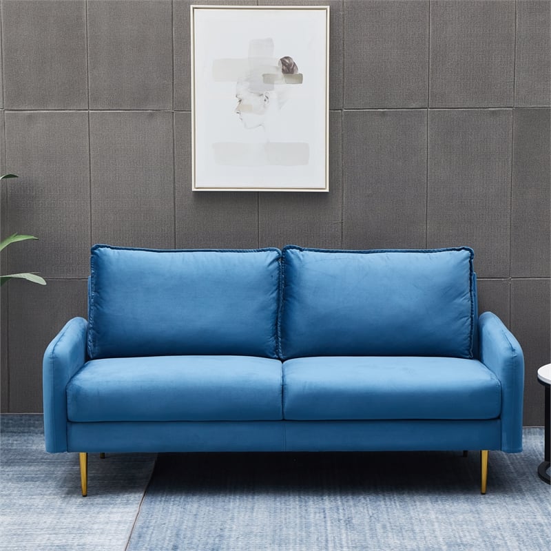 Hybition Velvet Sofa Modern Couch with Metal Legs for Living Room-Blue