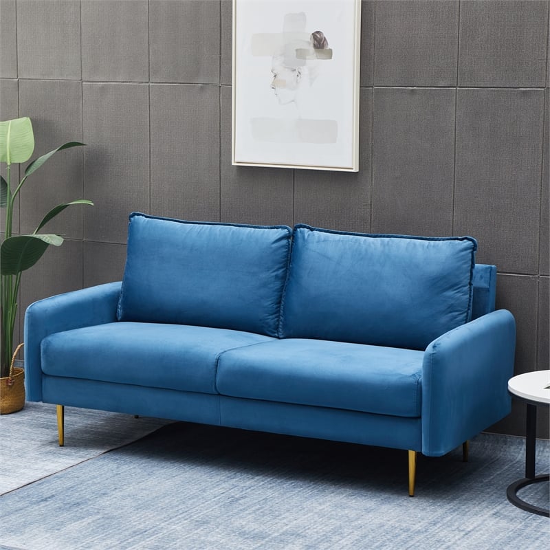 Hybition Velvet Sofa Modern Couch with Metal Legs for Living Room-Blue