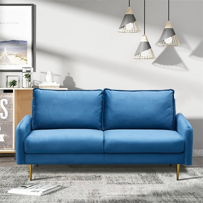 Hybition Velvet Sofa Modern Couch with Metal Legs for Living Room-Blue