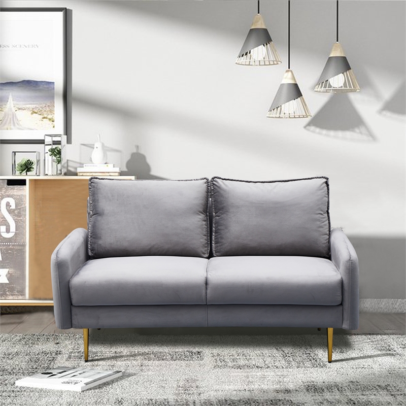 Hybition Velvet Loveseat Modern Sofa with Metal Legs for Living Room-Grey