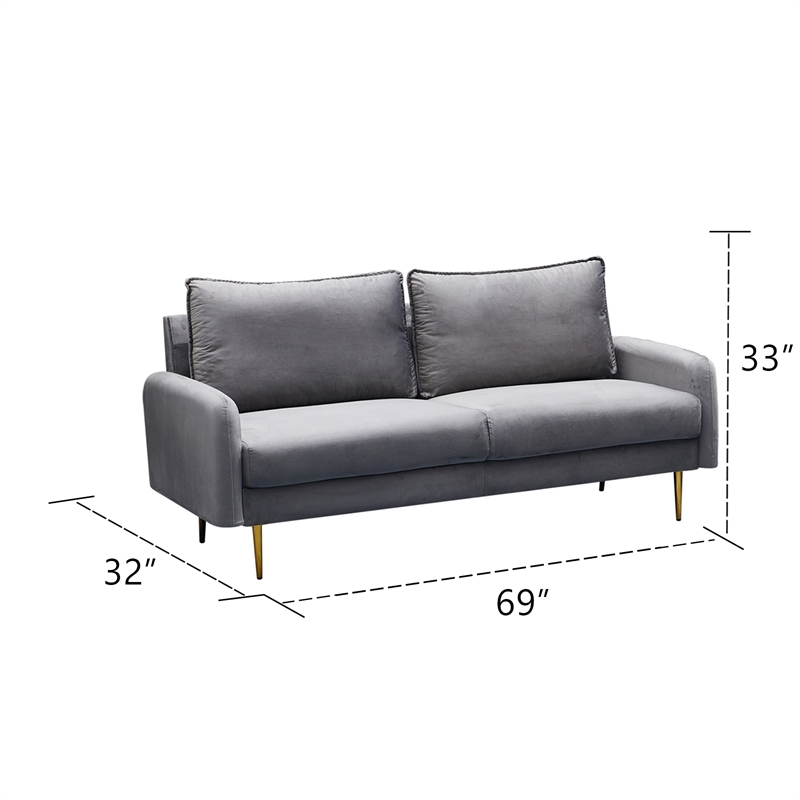 Hybition Velvet Sofa Modern Couch with Metal Legs for Living Room-Grey