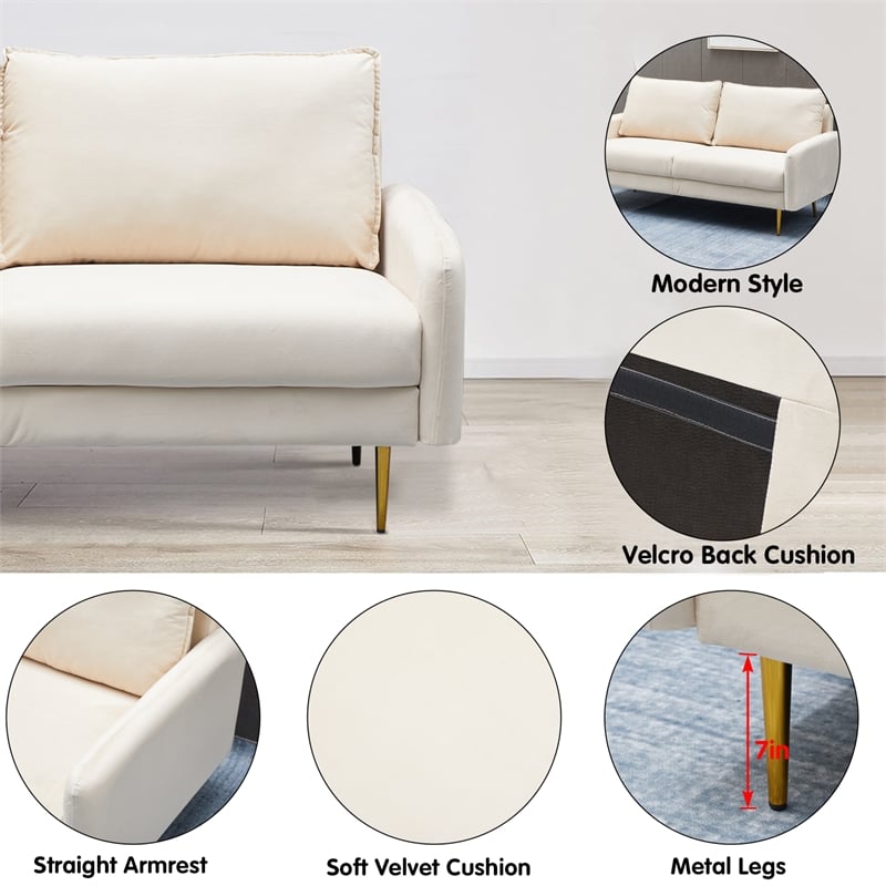 Hybition Velvet Loveseat Modern Sofa with Metal Legs for Living Room-Beige