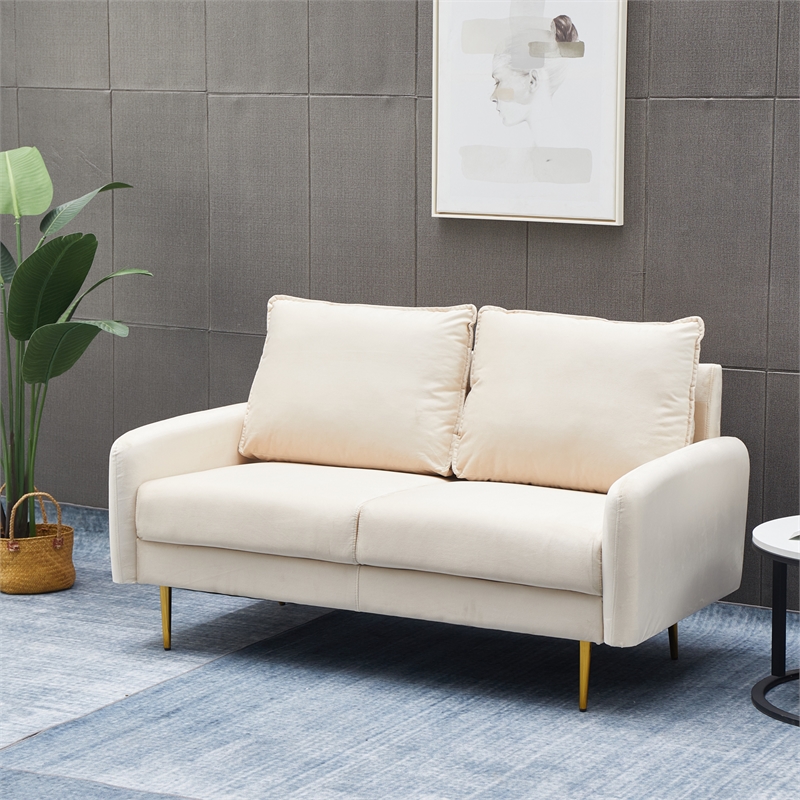 Hybition Velvet Loveseat Modern Sofa with Metal Legs for Living Room-Beige