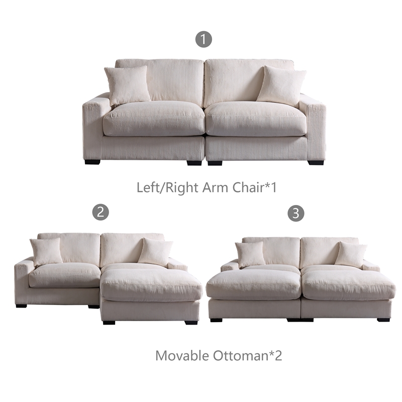 Hybition Oversized Loveseat Sectional Sofa 2 Movable Ottomans Pillows Beige