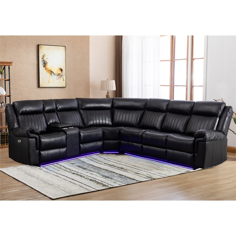 Power Reclining PU Leather Sectional Sofa w/ Speaker & Wireless Charging & Outlet & LED Strip Black