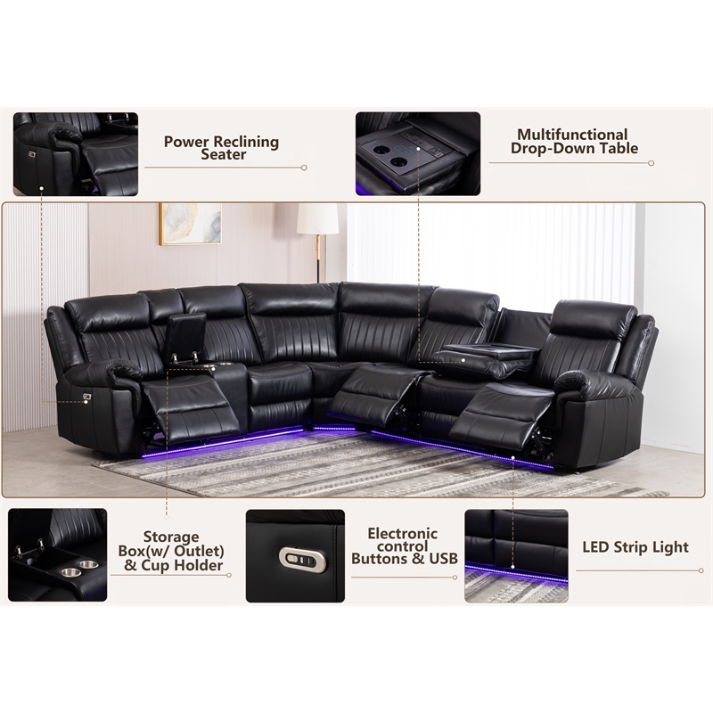 Power Reclining PU Leather Sectional Sofa w/ Speaker & Wireless Charging & Outlet & LED Strip Black