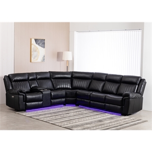 Power Reclining PU Leather Sectional Sofa w/ Speaker & Wireless Charging & Outlet & LED Strip Black