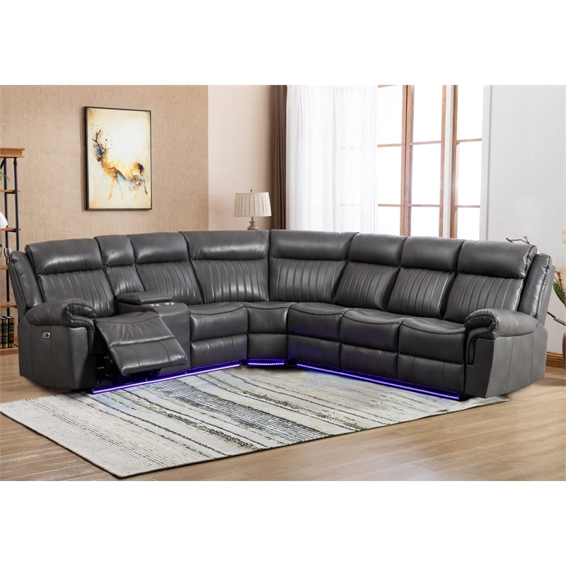 Power Reclining PU Leather Sectional Sofa w/ Speaker & Wireless Charging & Outlet & LED Strip Gray