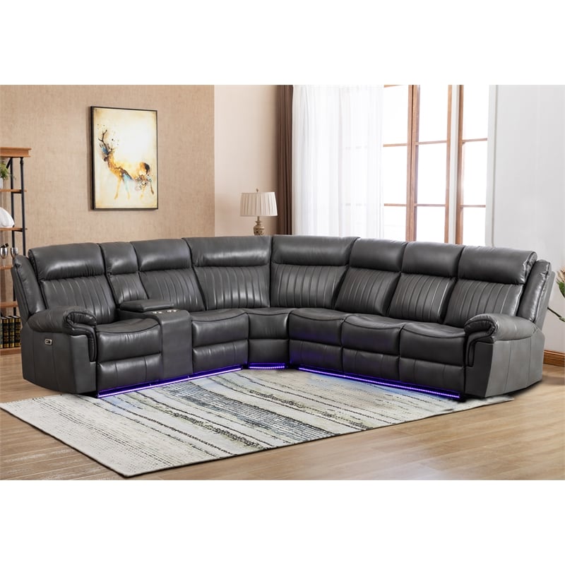 Power Reclining PU Leather Sectional Sofa w/ Speaker & Wireless Charging & Outlet & LED Strip Gray