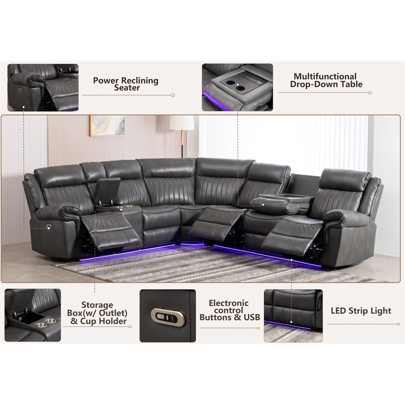 Power Reclining PU Leather Sectional Sofa w/ Speaker & Wireless Charging & Outlet & LED Strip Gray