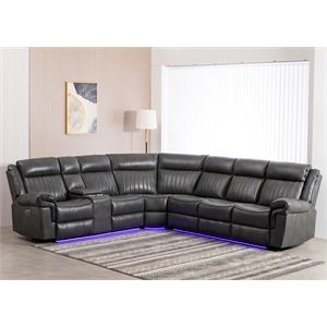 Power Reclining PU Leather Sectional Sofa w/ Speaker & Wireless Charging & Outlet & LED Strip Gray