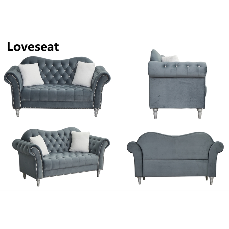 Hybition Modern Velvet Sofa Set Button Tufted Sofa and Loveseat-Dark Grey