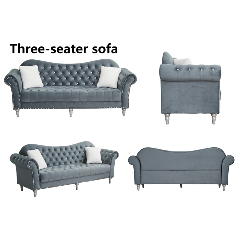Hybition Modern Velvet Sofa Set Button Tufted Sofa and Loveseat-Dark Grey