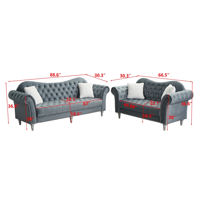 Hybition Modern Velvet Sofa Set Button Tufted Sofa and Loveseat-Dark Grey