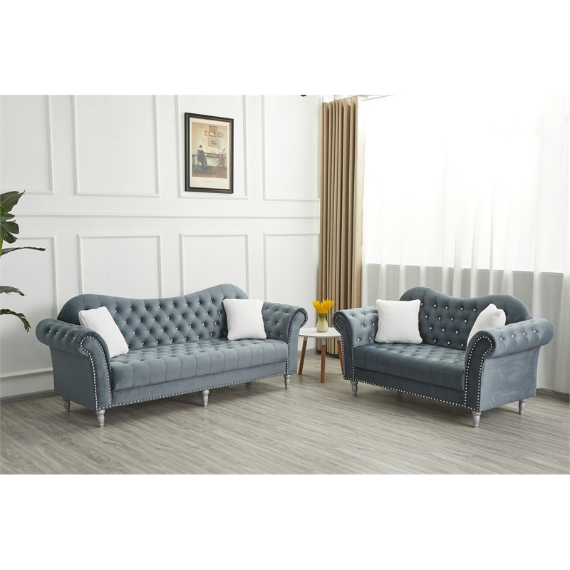 Hybition Modern Velvet Sofa Set Button Tufted Sofa and Loveseat-Dark Grey