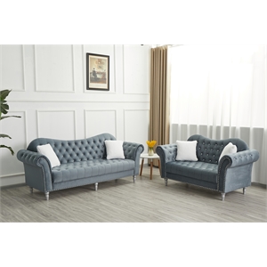 Hybition Modern Velvet Sofa Set Button Tufted Sofa and Loveseat-Dark Grey