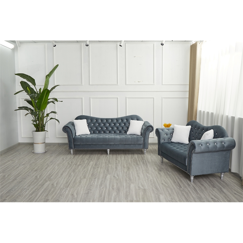 Hybition Modern Velvet Sofa Set Button Tufted Sofa and Loveseat-Dark Grey
