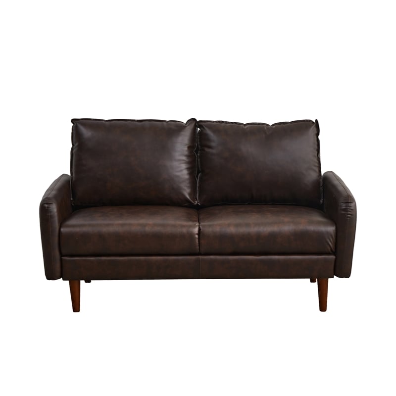 Hybition Faux Leather Loveseat Modern Sofa with Wooden Legs Brown