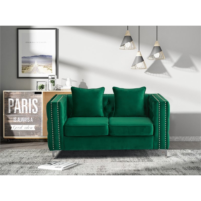 Hybition Velvet Sofa Modern Loveseat with Button-Tufted & Metal Legs Green