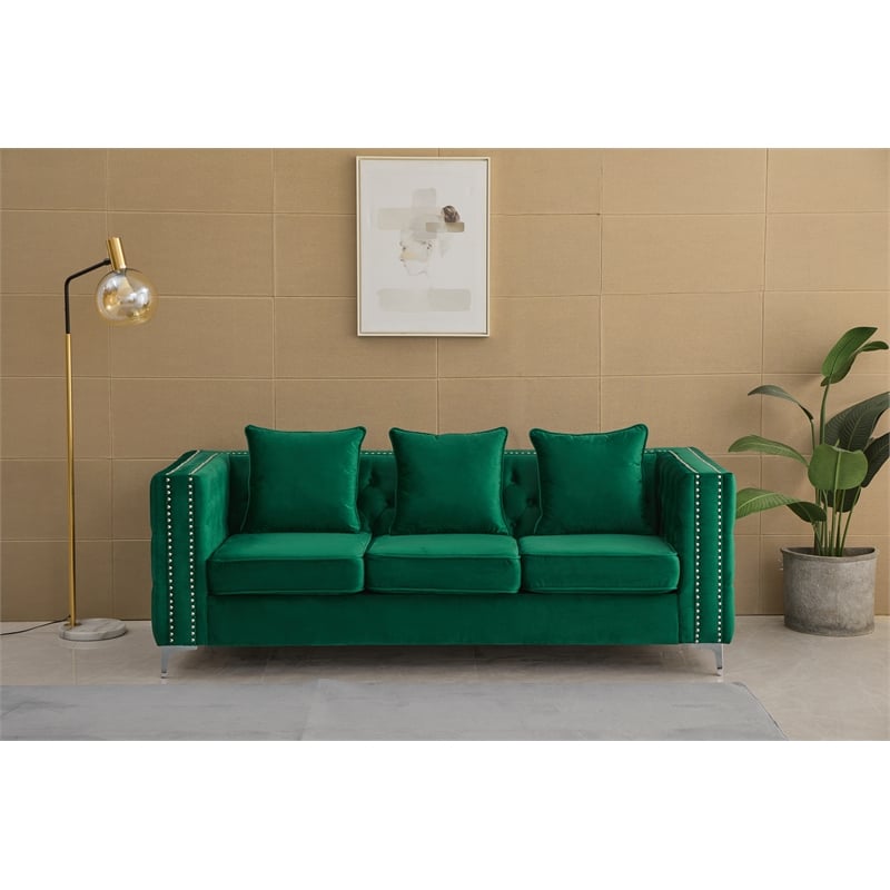 Hybition Velvet Sofa Modern Couch with Button-Tufted Metal Legs Green