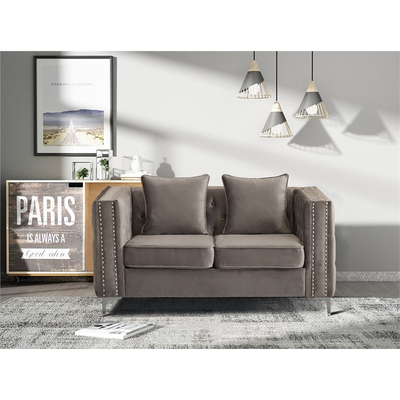 Hybition Velvet Sofa Modern Loveseat with Button-Tufted & Metal Legs Grey