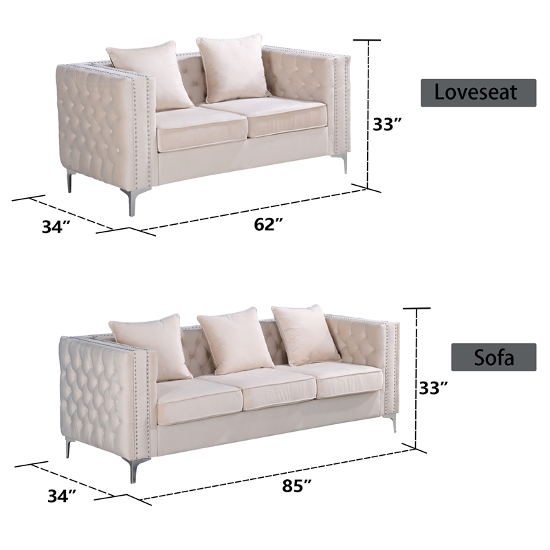 Hybition Velvet Sofa Modern Couch with Button-Tufted Metal Legs Beige
