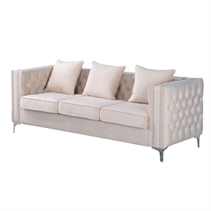 Hybition Velvet Sofa Modern Couch with Button-Tufted Metal Legs Beige