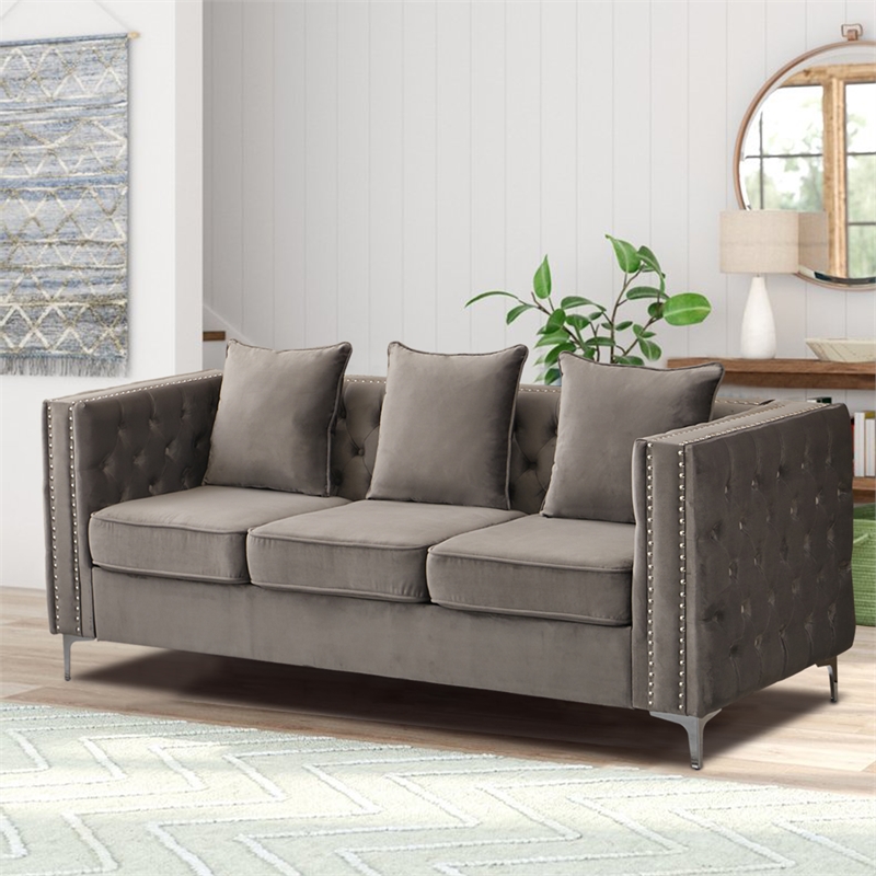 Hybition Velvet Sofa Modern Couch with Button-Tufted Metal Legs Grey