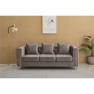 Hybition Velvet Sofa Modern Couch with Button-Tufted Metal Legs Grey