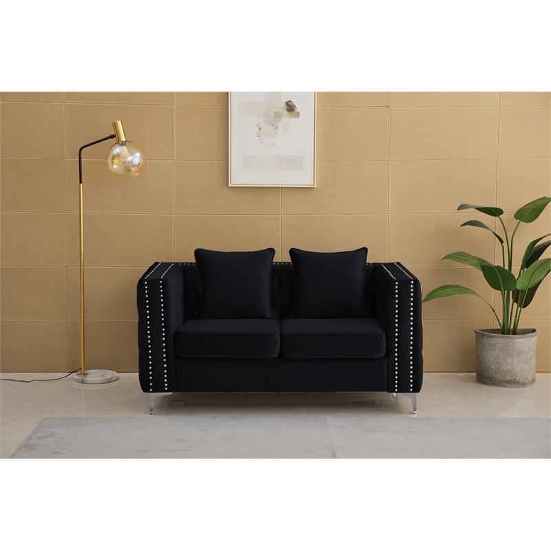 Hybition Velvet Sofa Modern Loveseat with Button-Tufted & Metal Legs Black