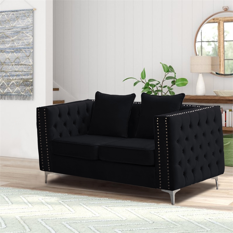 Hybition Velvet Sofa Modern Loveseat with Button-Tufted & Metal Legs Black