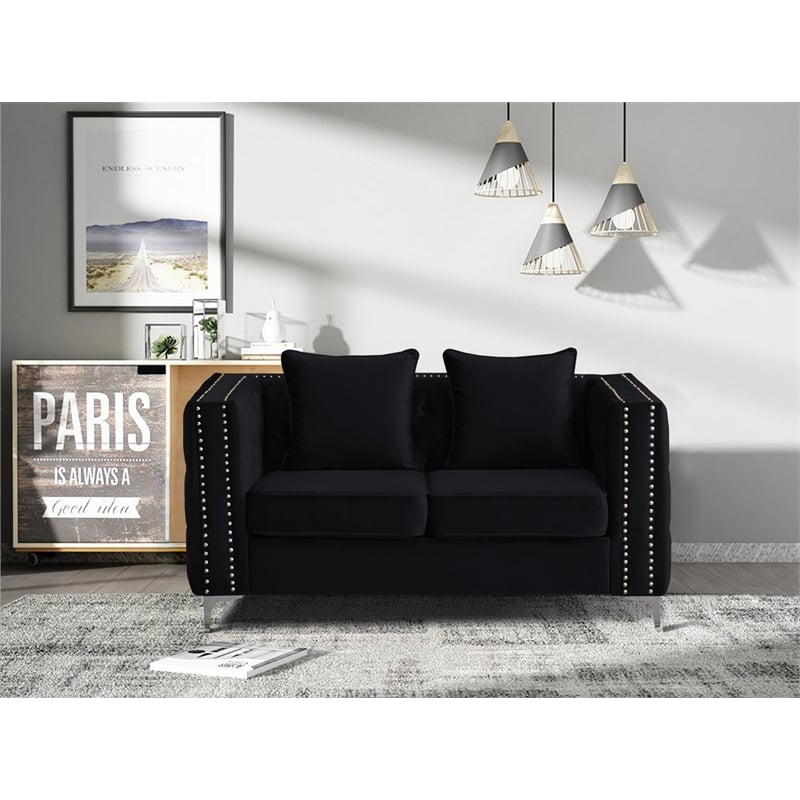 Hybition Velvet Sofa Modern Loveseat with Button-Tufted & Metal Legs Black