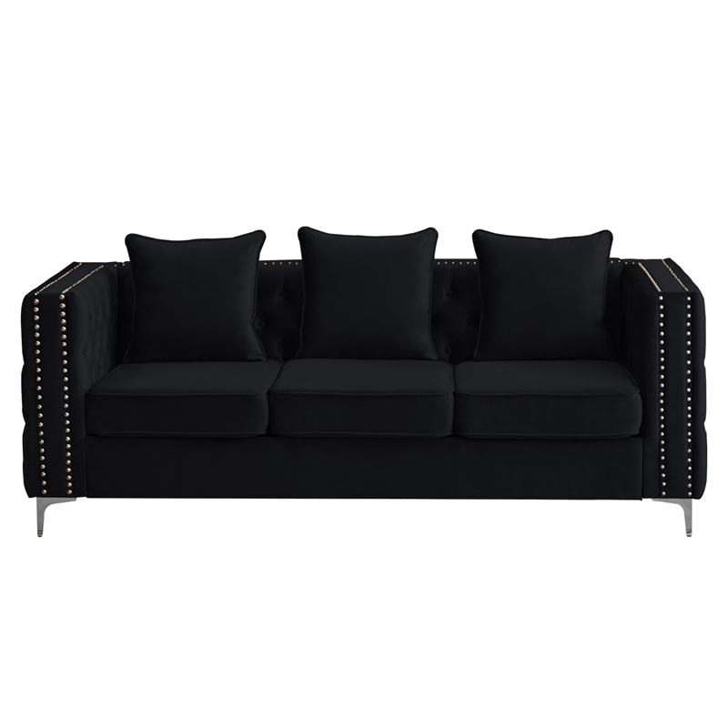 Hybition Velvet Sofa Modern Couch with Button-Tufted Metal Legs Black