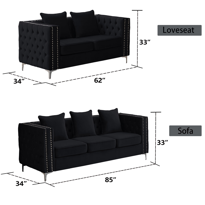 Hybition Velvet Sofa Modern Couch with Button-Tufted Metal Legs Black