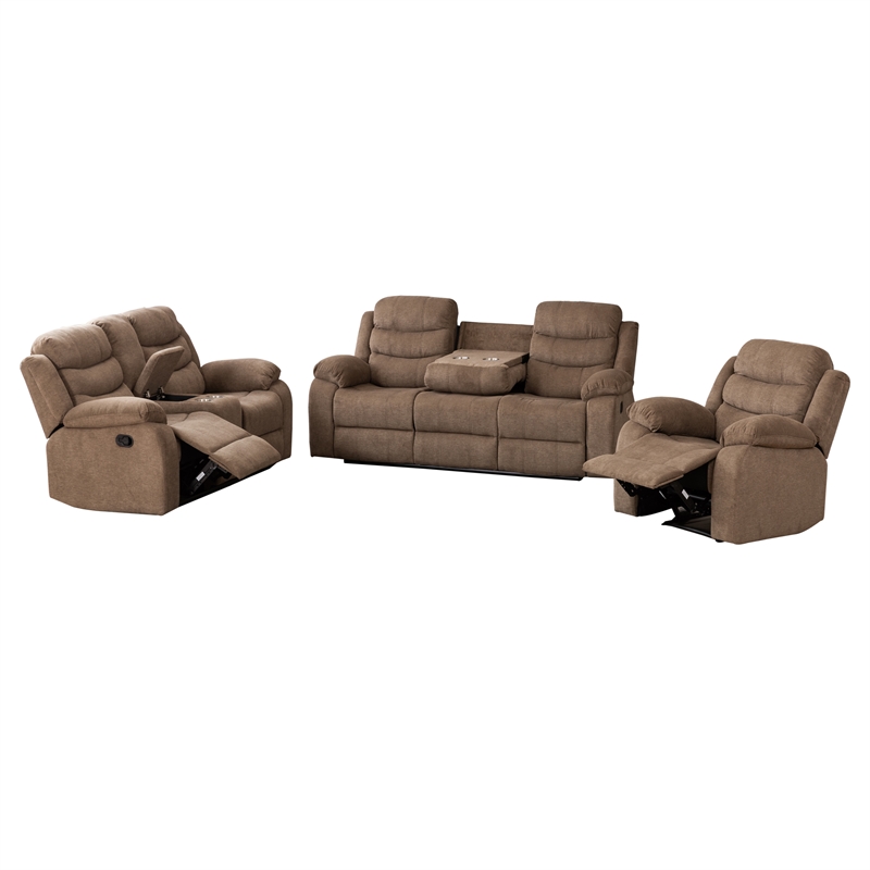 Hybition Fabric Reclining Sofa Set Modern Chair & Loveseat & Sofa Set Brown