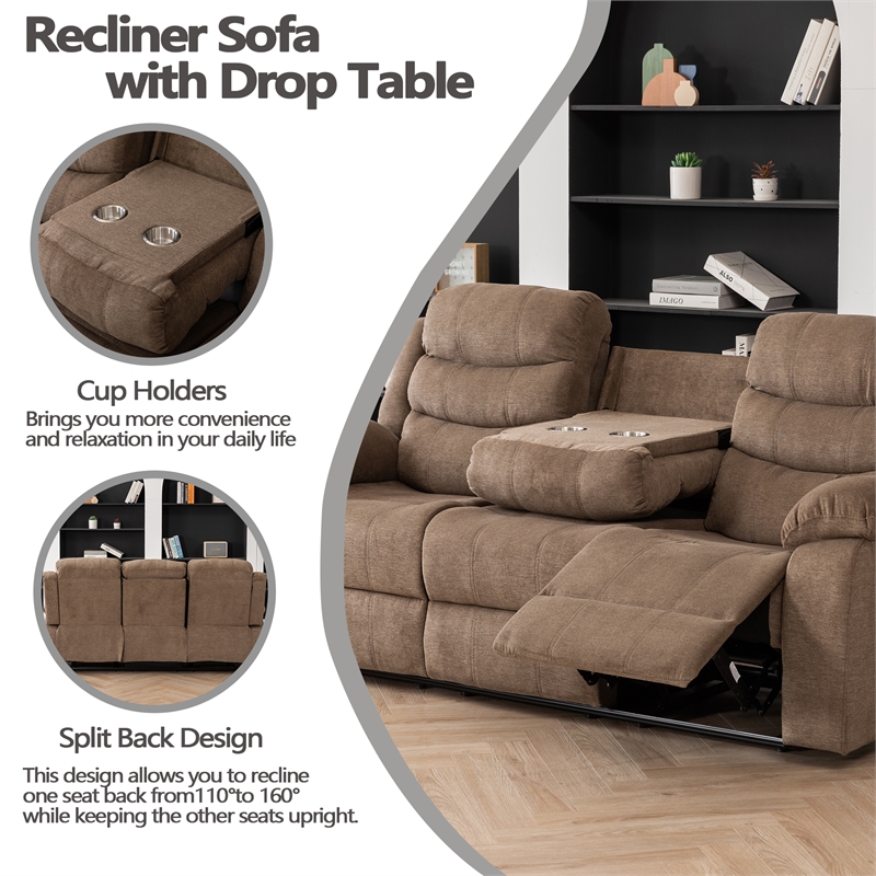 Hybition Fabric Reclining Sofa Set Modern Chair & Loveseat & Sofa Set Brown