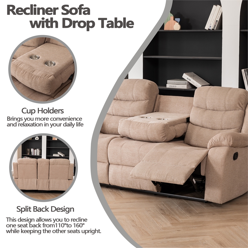 Hybition Fabric Reclining Sofa Set Modern Chair & Loveseat & Sofa Set Camel