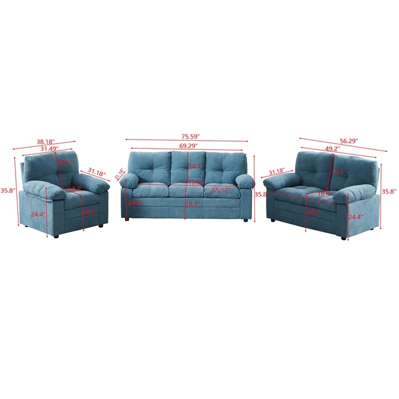 Hybiton Modern 3 Piece Sofa Set Linen Chair & Loveseat & Sofa - Blue