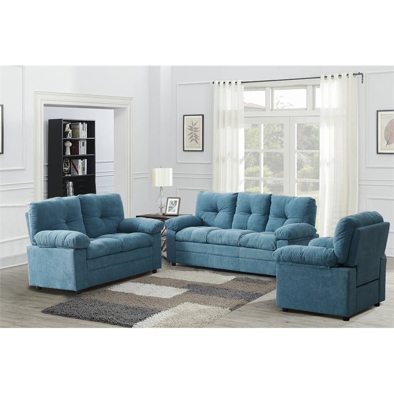 Hybiton Modern 3 Piece Sofa Set Linen Chair & Loveseat & Sofa - Blue