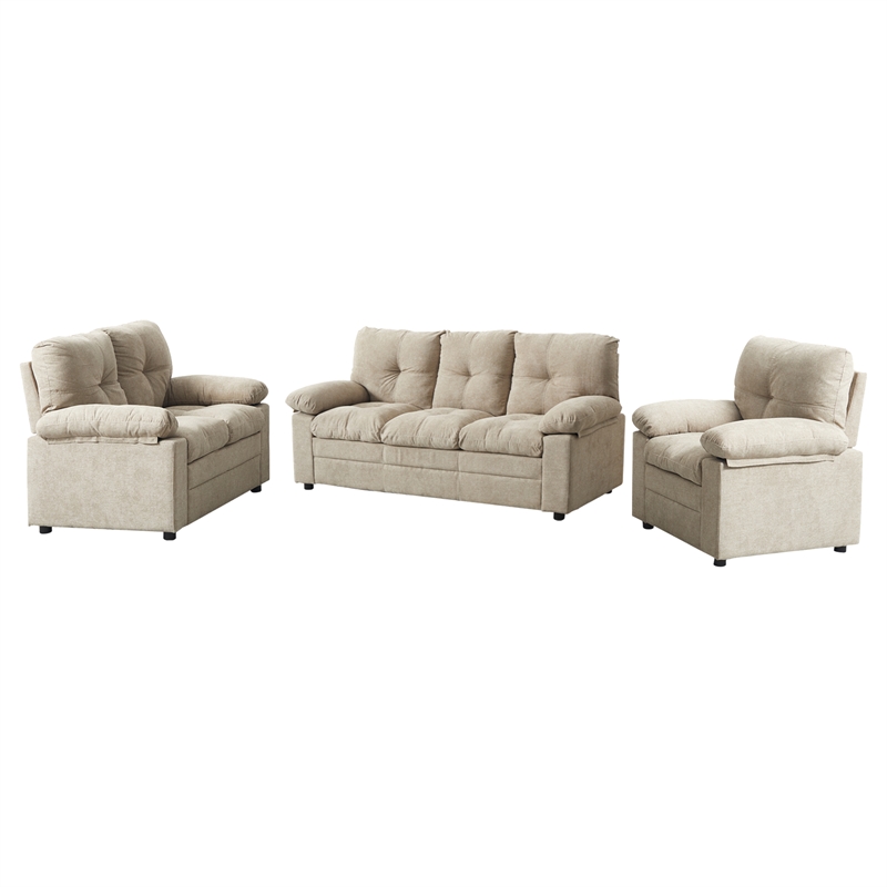 Hybiton Modern 3 Piece Sofa Set Linen Chai r& Loveseat & Sofa-Light Camel