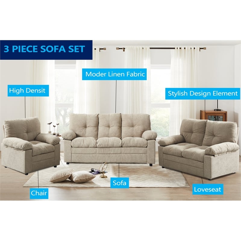 Hybiton Modern 3 Piece Sofa Set Linen Chai r& Loveseat & Sofa-Light Camel