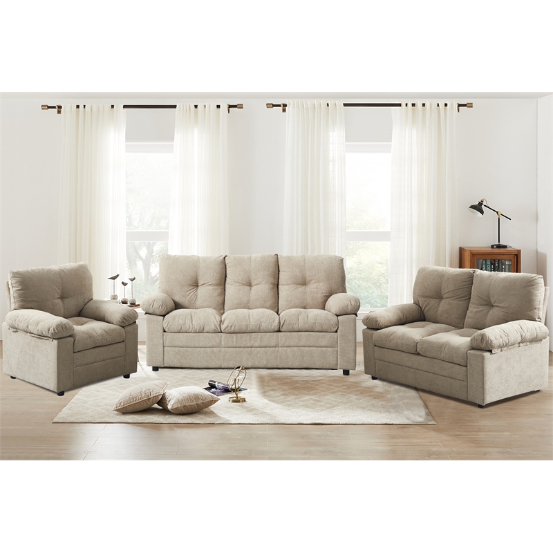 Hybiton Modern 3 Piece Sofa Set Linen Chai r& Loveseat & Sofa-Light Camel
