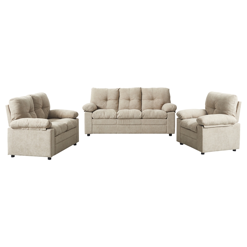 Hybiton Modern 3 Piece Sofa Set Linen Chai r& Loveseat & Sofa-Light Camel