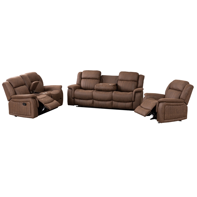 Hybition 3 Piece Fabric Reclining Living Room Set with Cup Holders Storage Brown