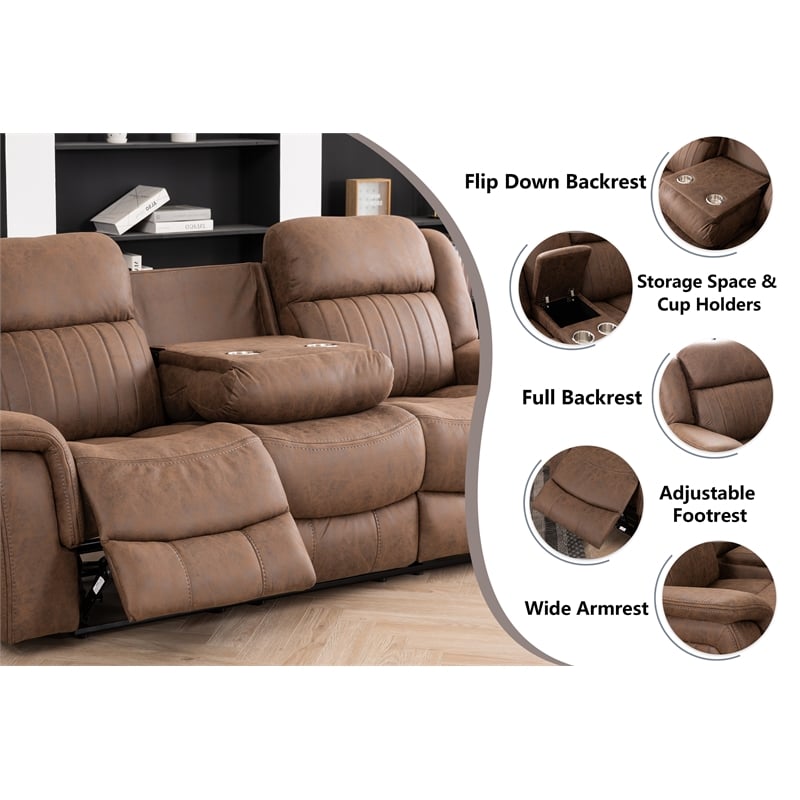 Hybition 3 Piece Fabric Reclining Living Room Set with Cup Holders Storage Brown