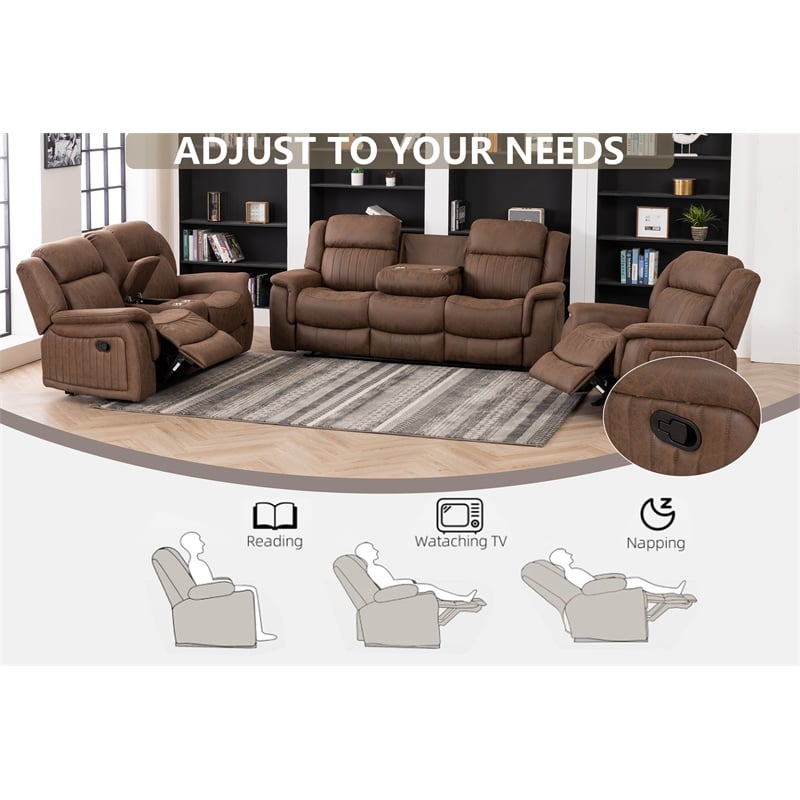 Hybition 3 Piece Fabric Reclining Living Room Set with Cup Holders Storage Brown