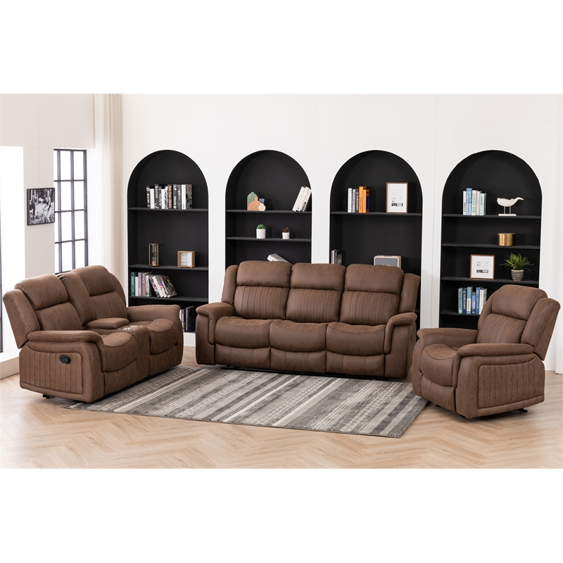 Hybition 3 Piece Fabric Reclining Living Room Set with Cup Holders Storage Brown