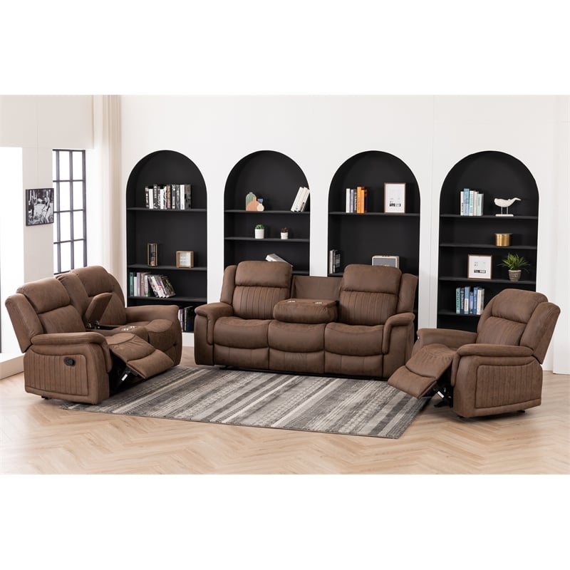 Hybition 3 Piece Fabric Reclining Living Room Set with Cup Holders Storage Brown