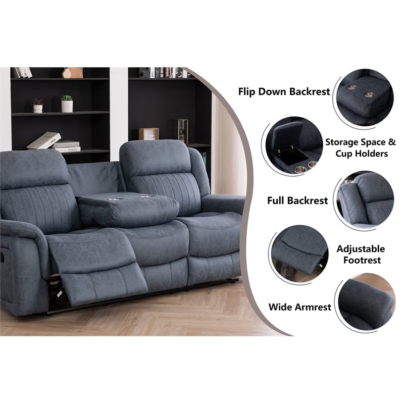Hybition 3 Piece Fabric Reclining Living Room Set with Cup Holders Storage Grey